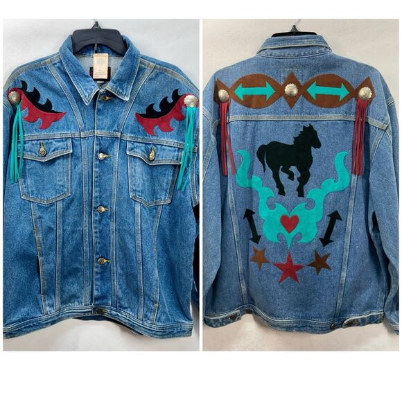 Vintage 80s Lily & Wolf Schlien Denim Jean Jacket Size Large Western Embellished - Picture 1 of 15